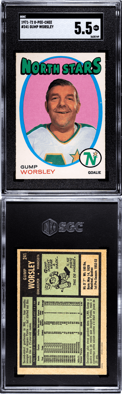 1971-72 Topps Gump Worsley #241 Minnesota North Stars HOF SGC 5.5 front and back of card